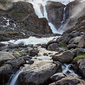 Iceland, rocks and surroundings of Suðurnesjabær waterfall