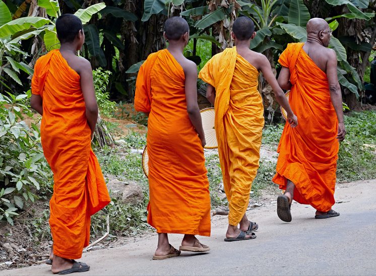 Sri Lanka, fila de monges budistas a caminhar na rua